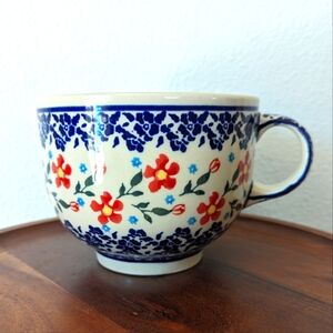 Polish Pottery Boleslawiec Large Latte Mug/Soup Cup Red Floral Pattern 16oz